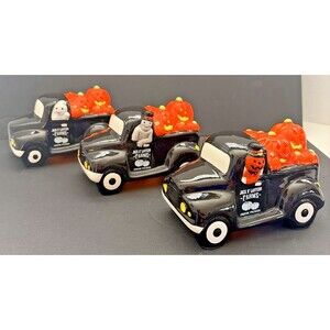 Mr. Halloween Set of 3 Ceramic LED Trucks Ghost Skeleton Jack O' Lantern NWOB
